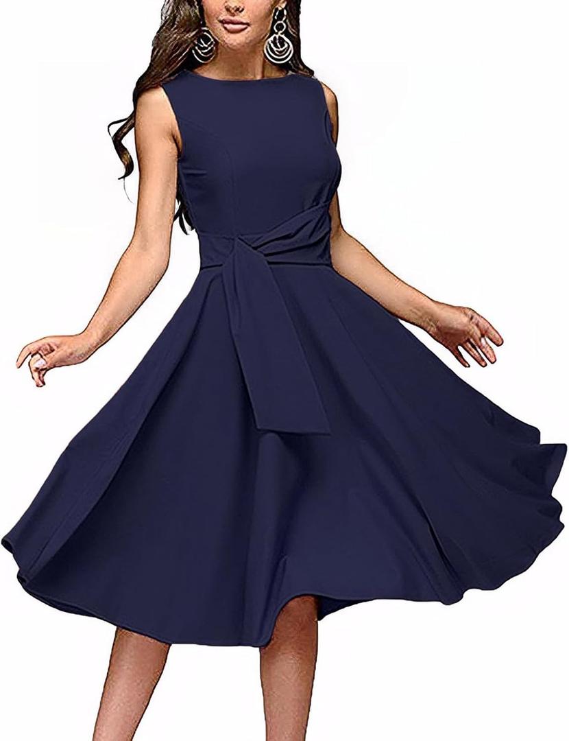 FENJAR Women's Elegance Audrey Hepburn Style Ruched Dress Round Neck Sleeveless Swing Midi A-line Dresses (US, Alpha, Large, Regular, Regular, Navy)