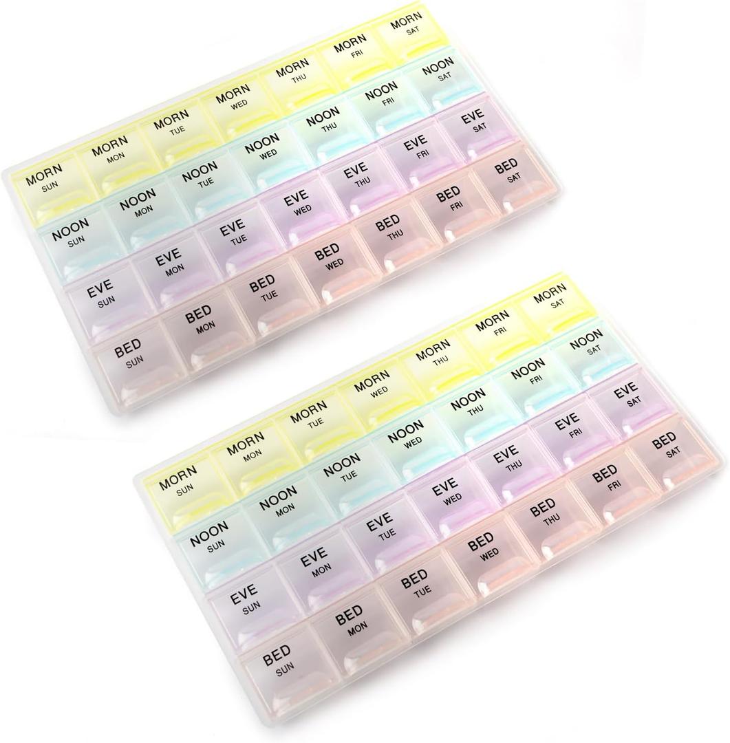 Deke Home - Pill Organizer 4 Times a Day (2 Pack), Weekly Medicine Box with Morning, Noon, Evening, Bed Compartments, Translucent, Easy-to-Open Pill Case, 7-Day Travel Medication Organizer for Vitamin