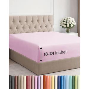 Extra Deep King Fitted Sheet - Hotel Luxury Single Fitted Sheet Only - Easily Fits 18 inch to 24 inch Mattress - Ultra Soft, Wrinkle & Fade Free w/Extra Deep Pockets - Breathable & Comfy - Light Pink