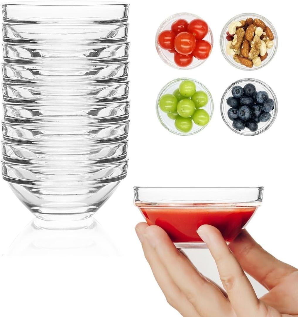 Mini Glass Bowls, 3in 2.5oz Small Prep Bowl, 10 Pack Dipping bowls, Sauce Bowls for Spice, Ramekins, Snack, Candy, Dessert, Ice Cream