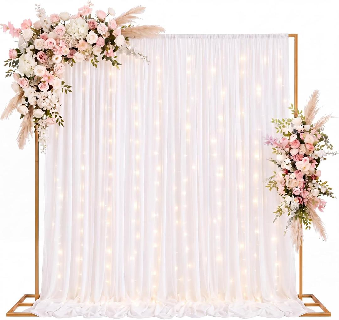 Fumete 8 x 8 ft Gold Backdrop Stand with Beige Drape and LED Kit, 5 x 10ft