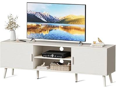 SUPERJARE TV Stand for 55 Inch TV, Entertainment Center with Adjustable Shelf, 2 Cabinets, TV Console Table, Media Console, Solid Wood Feet, Cord Holes, for Living Room, Bedroom, White