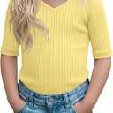 Toddler Girls Short Sleeve Shirt Cotton Ribbed Slim Fit V Neck Elbow Length Casual Soft Basic Top Kids Summer Tee