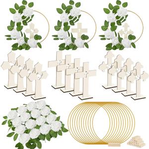 Wesiti 48 Pcs Baptism Centerpiece First Communion Table Decoration 12 Wood Cross 12 Floral Hoop with Stand 24 Foam Rose with Stem for Baptism Baby Shower Wedding(Wood and White, Stylish)