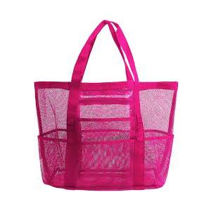 Mesh Beach Bag-Large Tote Bag for Family,Tote Bag with Zipper Pocket for Pool,Toys & Vacation Essentials, Rose Red