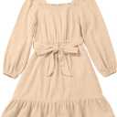blibean Girls Cotton Long Sleeve Dresses Ruffled Semi Formal Dress Size 6-15 Years (XXL)
