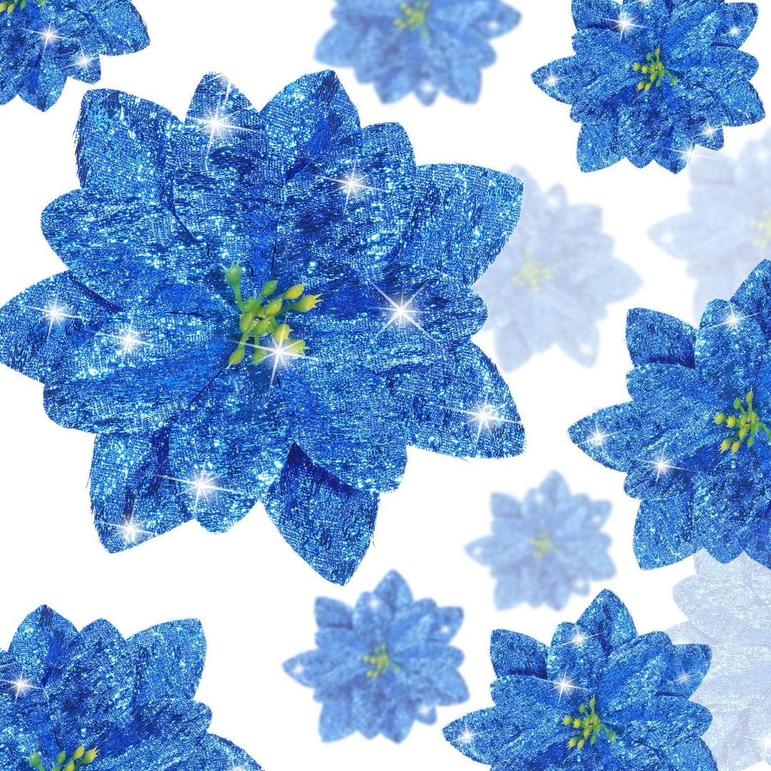 36 Pieces Christmas Glitter Poinsettia Flowers Faux Flowers Wedding Glitter Christmas Tree New Year Ornaments (Blue)