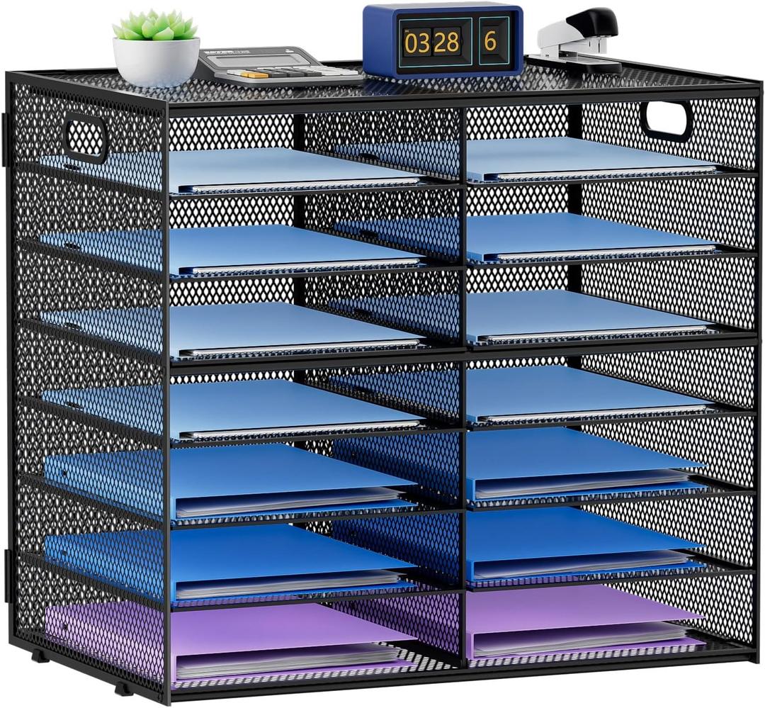 Lavatino 14 Compartments Paper Organizer for Desk, Mesh Literature Organizer, Mail File Sorter Tray with Handle, Desktop Mailbox for Office Classroom Home, Black (8 Tier - Black)