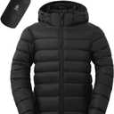 ASPO Men's Packable Puffer Jackets Winter Lightweight Detachable Hood Water-Resistant Down Coats Warm Insulated Hiking Travel XXL