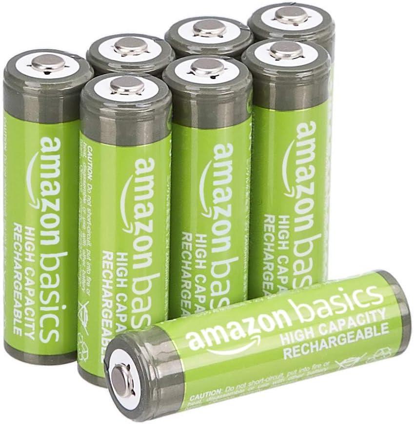 Amazon Basics 8-Pack Rechargeable AA NiMH High-Capacity Batteries, 2400 mAh, 1.2V, Recharge up to 400x Times, Pre-Charged