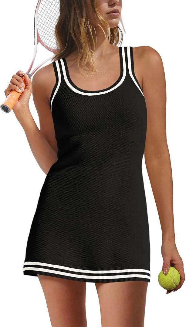 Nirovien Womens Tennis Dress with Shorts Sleeveless Athletic Romper Dress Knit Active Dresses Workout Outfits (Small, Black)