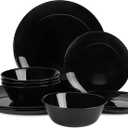 Dinnerware Sets for 4, LaGlint 12 Pieces Opal Glass Plates and Bowls Set, Dishwasher and Microwave Safe Dish Dinning Ware, Chip and Scratch Resistant Dishware Black
