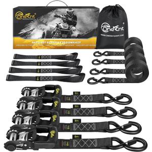 4Pcs Ratchet Strap Tie Down Kit | 1.6x 10FT Heavy Duty Ratchet Straps with Padded Handles+Coated S Hooks+Soft Loop Tie-Downs -6000 Pound Break Strength (Black)
