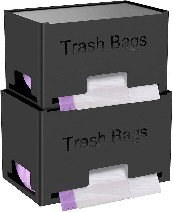 2Pack Trash Bag Holder Dispenser for 4–13 Gallon Bags, Large Metal Garbage Bag Organizer, Wall Mounted or Freestanding Trash Bag Storage Organizer for Under Sink, Kitchen & Laundry Roll Holder, Black