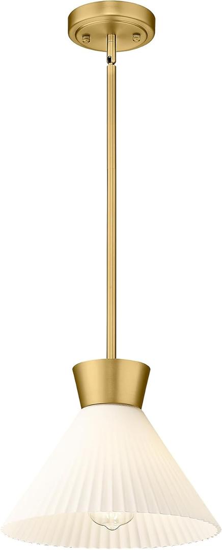 Modern Pendant Light Fixture, HWH White and Gold Kitchen Island Lights 11 Inch, 1-Light Hanging Lighting for Dinning Room Schoolhouse, Frosted Striped Glass Shade, 5HZG98MIL BG