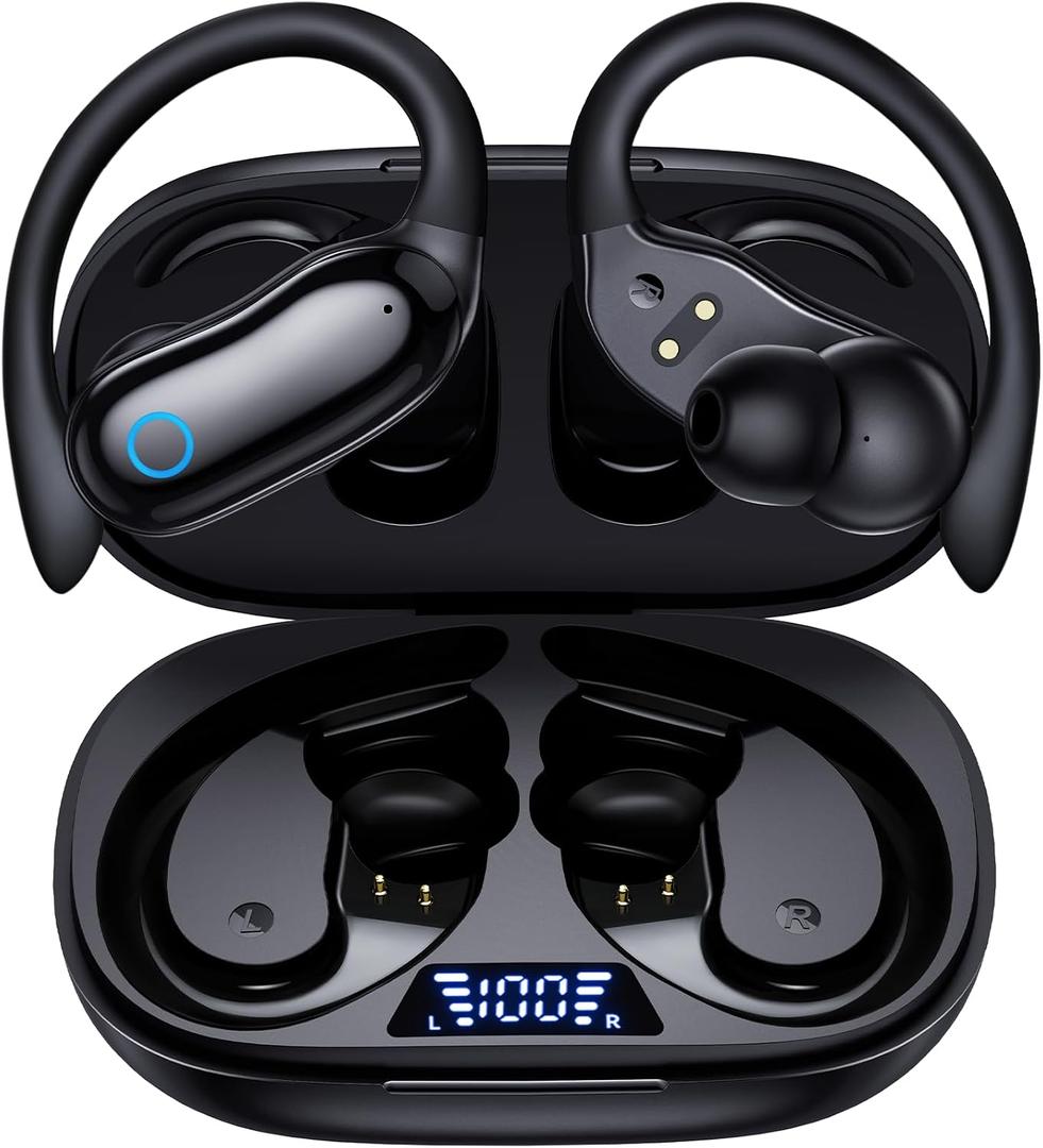 GNMN Active Noise Cancelling Ear Buds Wireless Earbuds 96hrs Playback Bluetooth Headphones Dual Battery Display Stereo Bass Earphones with Earhooks Microphone IPX7 Waterproof for Sports/Runing/Workout