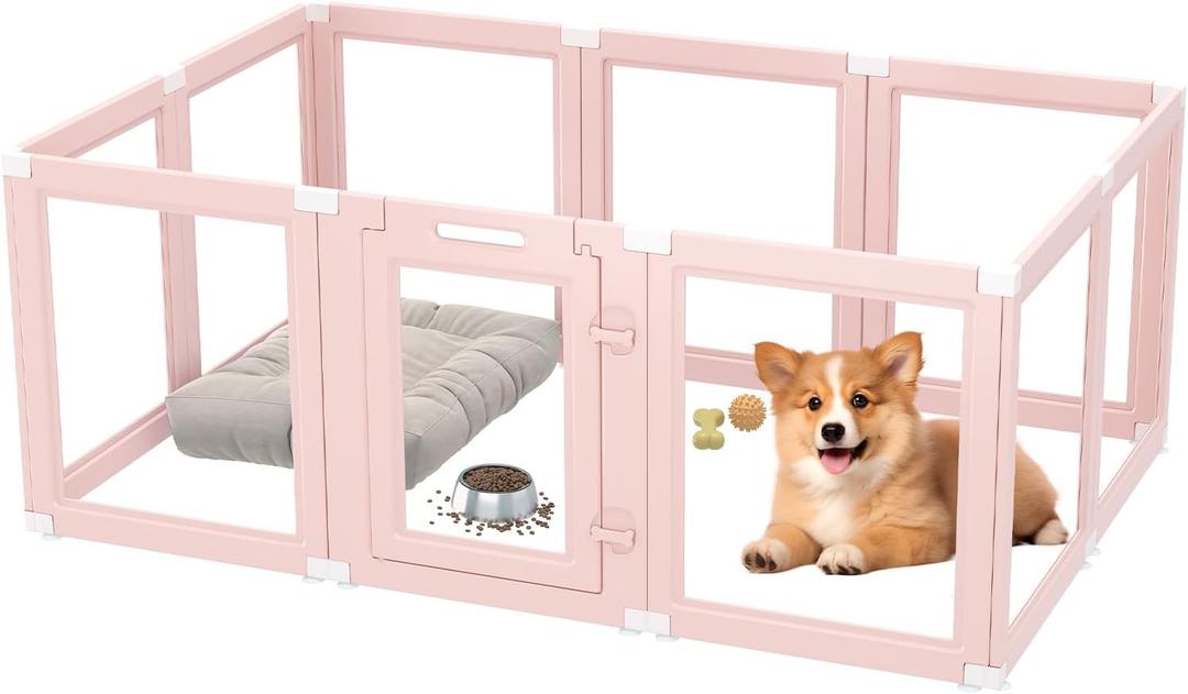 DIY Clear Acrylic Dog Playpen Indoor, Transparent Easy Cleansing Puppy Fence with Suction Cup, Easy-Assemble Indoor Whelping Crate for Small Puppies (23.6" H, 10PCS), Pink