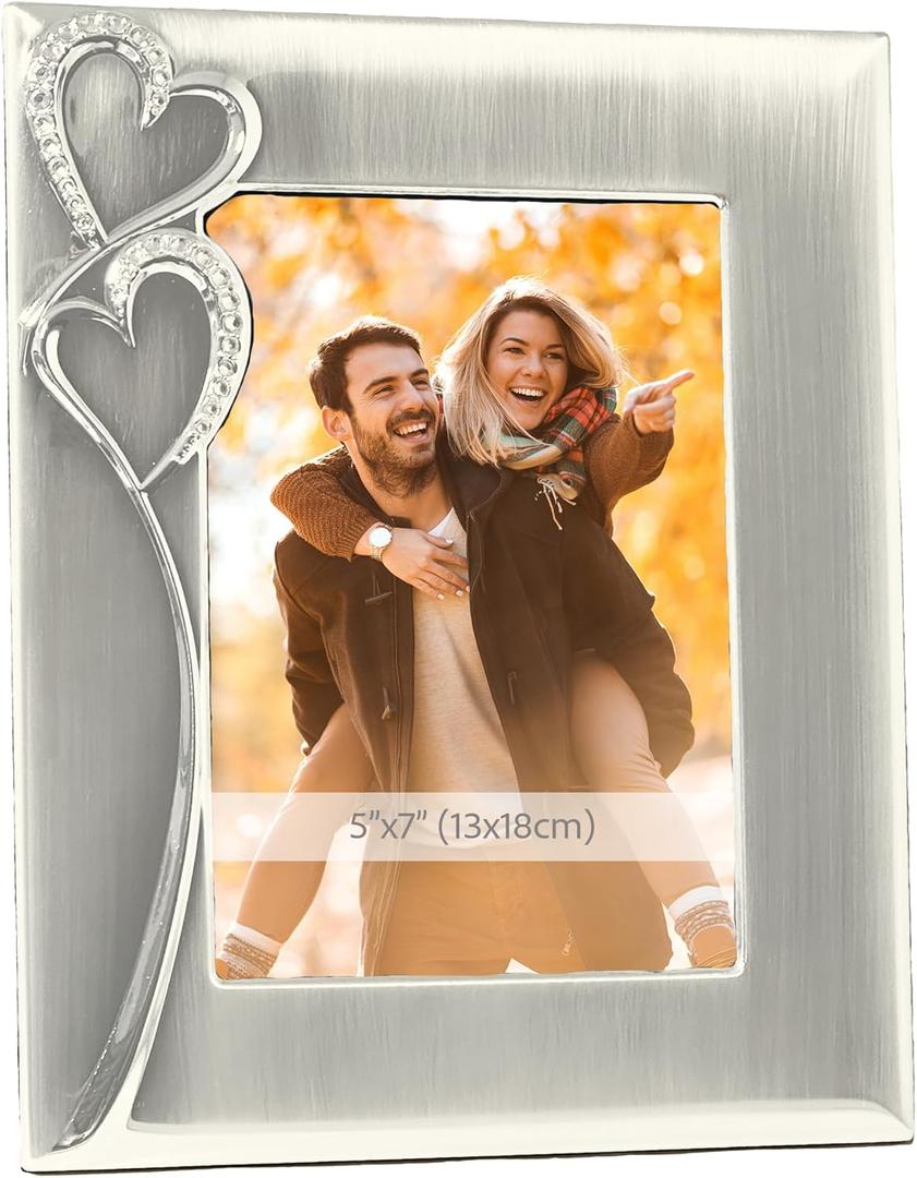Silver Picture Frame 5x7 with Hearts Thoughtful Gift Idea for Weddings, Engagement for Couples, Newlyweds, Bridal Shower, Anniversary, Valentines