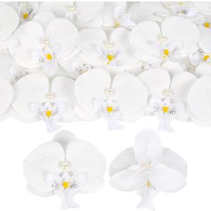 White Orchid Flower Heads,30PCS Silk Faux Phalaenopsis Orchid Heads with Pearl for Wedding Cake Topper DIY Crafts Hair Accessories Party Home Decor (White)