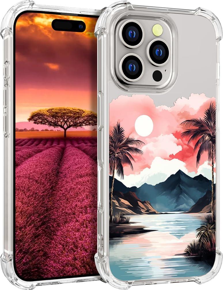 Compatible with iPhone 16 Pro Case Designer Cute Clear for Women,Transparent Phone Cover Cases Design (Sea Sunset Palm Tree Scene Beach Sky)