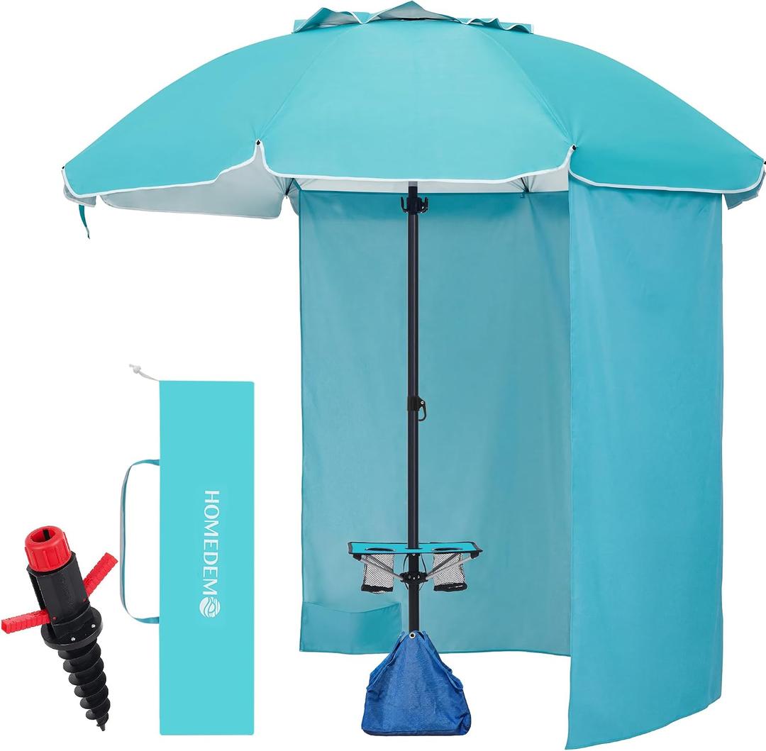HOMEDEMO 8FT Big Beach Umbrella with Privacy Curtain & Weight Bag, Outdoor Beach Umbrellas with Large Anchor, Table & Carry Bag, Heavy Duty Windproof Design, UPF 50+ Protection, Parasol, Türkiye Blue