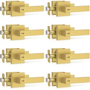 Plustool 8 Pack Brushed Gold Door Handles, Interior Door Knob Heavy Duty, Flat Square Privacy Door Locks, Keyless Door Leverset for Bedroom and Bathroom