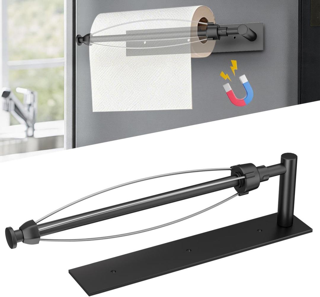 Magnetic Paper Towel Holder: Upgraded Magnet Paper Towel Holder for Fridge Kitchen RV Grill Garage - One-Hand Tear with Adjustable Damping Self Adhesive Wall Mount and Screws - Black
