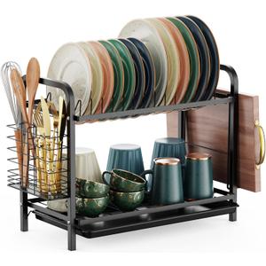 GSlife Dish Drying Rack, 2 Tier Rust-Resistant Dish Rack with Drainboard Compact Dish Drainer with Utensil Holder, Cutting Board Holder for Kitchen Counter, Black