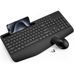 Wireless Keyboard and Mouse Combo - Full-Sized Ergonomic Keyboard with Wrist Rest, Phone Holder, Sleep Mode, Silent 2.4GHz Cordless Keyboard Mouse Combo for Computer, Laptop, PC, Mac, Windows -Trueque (Pack of 1, Black)