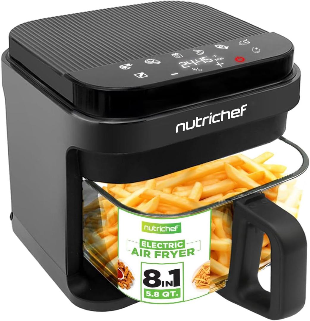 Nutrichef 5.8 Quart Air Fryer 8-1 Preset Cook Modes Transparent Fry Bowl for Best Cooking Results Cook Shrimp, Steak, Fries, Wings, Chicken & More Precise Temperature Control & Time Black (Grey)