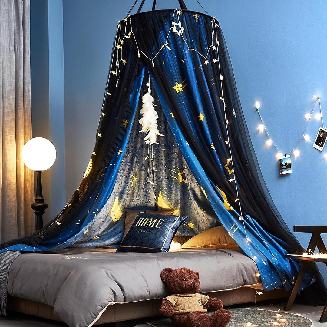Kertnic Gorgeous Star Printed Bed Canopy for Girls & Adults, Room Decorative Cozy Bed Curtain Canopy Drapes, Round Dome Luxurious Lace Princess Canopies Mosquito Netting (Star)