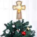 7" x 12.6" Nativity Christmas Tree Topper Wooden Cross Tree Topper with LED Christmas Religious Rustic Lighted Treetop Nativity Scene Xmas Decorations for Holiday Ornaments Tables Decor