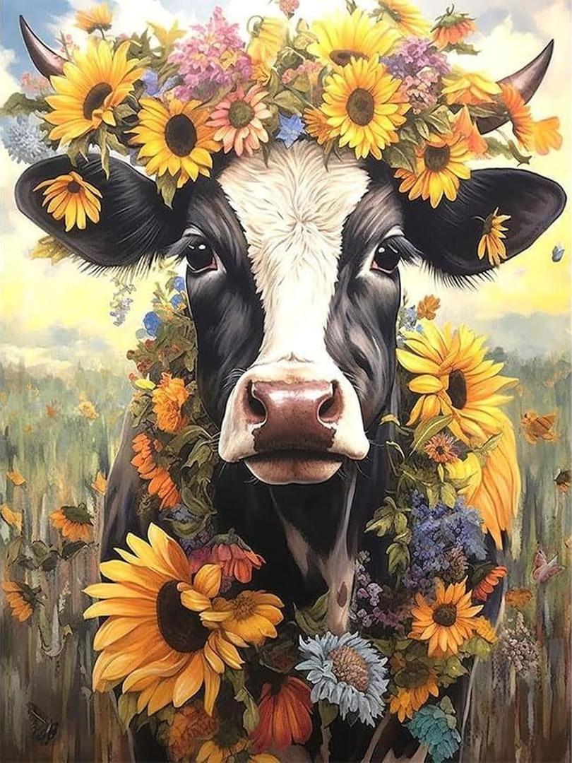 GQYCZZ Cow Diamond Painting Kits for Adults, 5D DIY Diamond Art Kits for Beginners, Full Drill Diamond Painting Kits for Home Wall Decor, Sunflower, 12x12 Inch