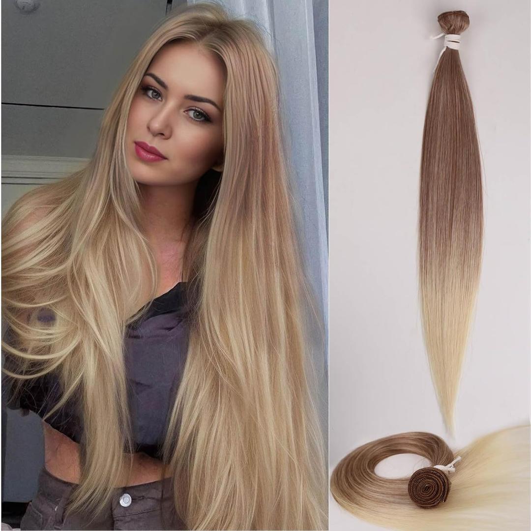 Straight Hair Bundles 1 Pack Protein Fiber Synthetic Hair Weave for Women Straight Bundles Silky Soft, No-Tangle, Natural Look Extensions (27/613#, 20 Inch)