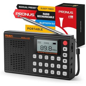 PRUNUS J168 AM FM Radio Bluetooth Speaker, Preset, Excellent Reception, TF Card Playback, Sleep Timer, USB C Charging, Headphone Jack, Long Antenna, Digital Radio AM FM