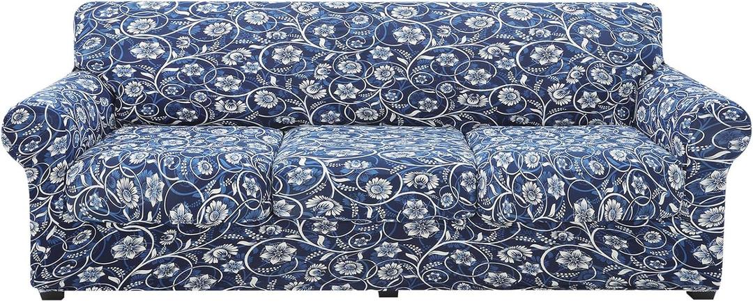 hyha Couch Cover, Floral Pattern, Stretch, Printed, 4 Pieces, Sofa Slipcovers, for 3 Separate Cushion Couch, Washable Furniture Protector for Dogs(Sofa, Baroque)