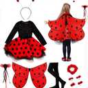 IKALI Girls Ladybug Costume, Halloween Deluxe Animal Fairy Fancy Dress Outfit with Wings (10pcs Set) 7-8 Years