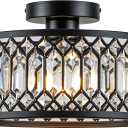Crystal Ceiling Light Fixture, Modern Flush Mount Ceiling Light, Black Crystal Chandelier for Kitchen Bedroom Bathroom Entryway Hallway