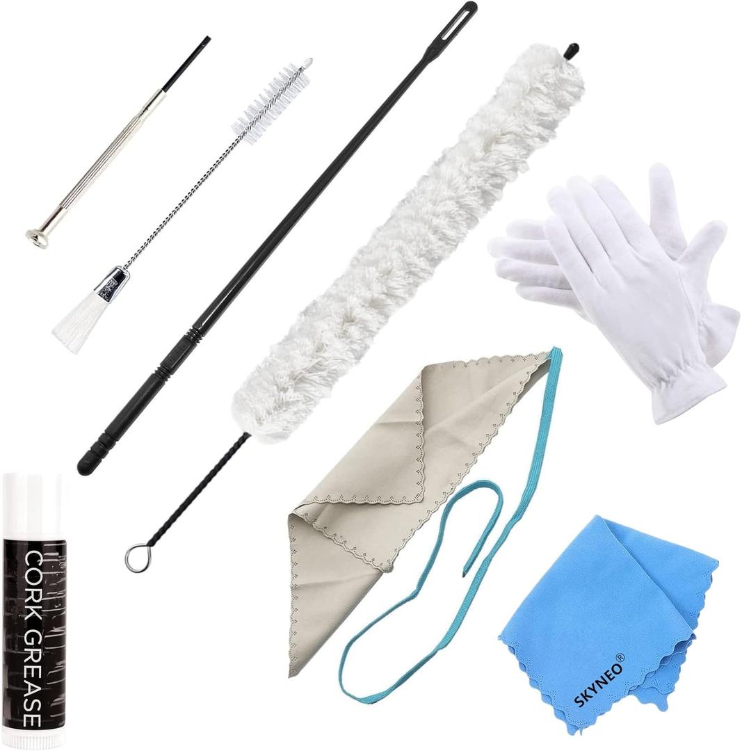 Flute Care Kit - Complete Set Including Brush, Swab, Rod, Screwdriver, Grease, Gloves & Cloth (White)