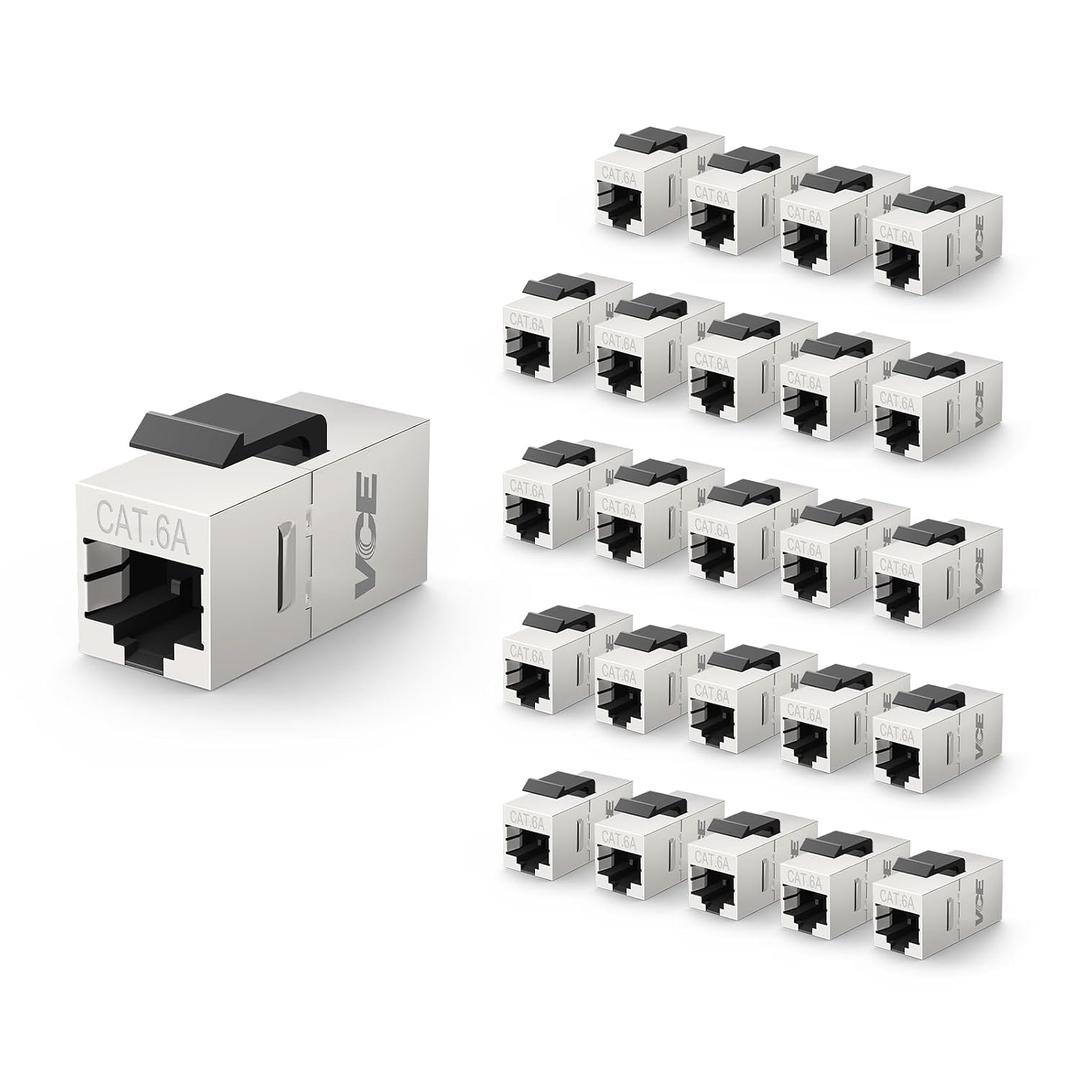 VCE Cat6A Shielded Keystone Coupler, 25 Pack STP Ethernet Coupler, POE Ready, High-Speed 10G, 500 MHz, Female to Female, for Patch Panel and Wall Plate