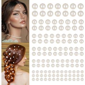 2744 Pcs Hair Pearls Stick On, Self Adhesive Pearl Stickers, Pearl Stickers for Crafts, Stick On Pearls, Hair Face Gems, Face Pearls, Beige Pearl Stickers for Makeup Nail DIY Crafts,Assorted Size