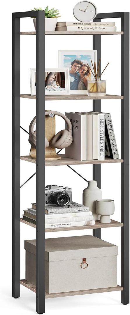 VASAGLE 5-Tier Bookshelf, Bookcase with Steel Frame, Book Shelf for Living Room, Home Office, Study, 11.8 x 15.7 x 60.2 Inches, Industrial Style, Heather Greige and Ink Black ULLS100B02