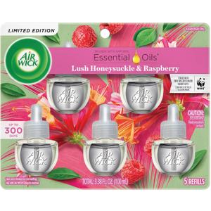 Air Wick Plug in Scented Oil Refill, 5 ct, Lush Honeysuckle and Raspberry, Air Freshener, Essential Oils, Spring Collection (3.35 Fl Oz (Pack of 1))