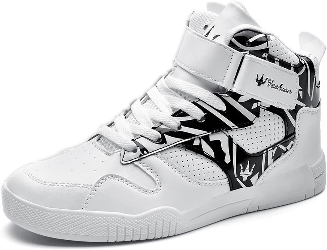 FZUU Men's Fashion High Top Leather Street Sneakers Sports Casual Shoes (7.5, White/Black)