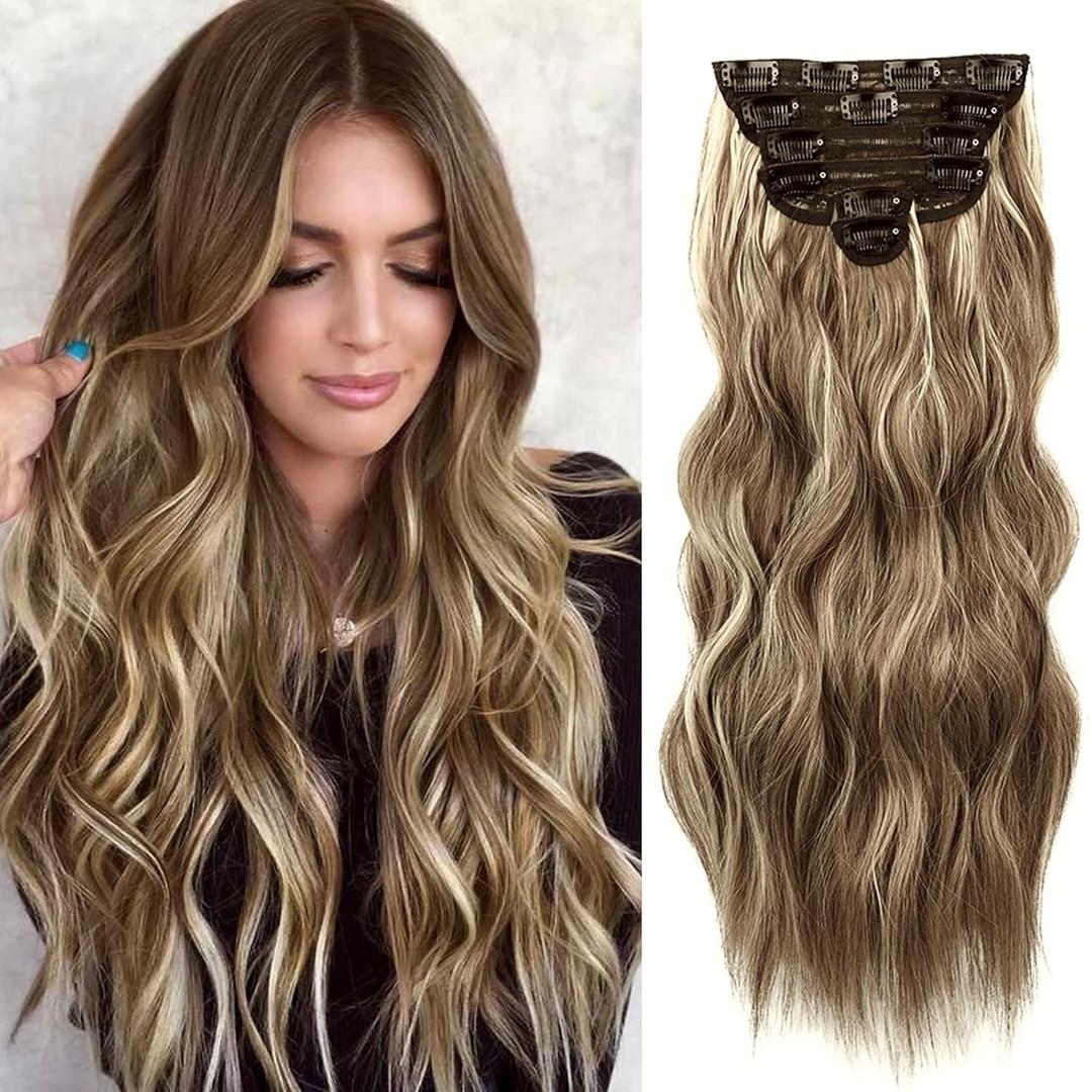 NAYOO Clip in Hair Extensions for Women 20 Inch Long Wavy Curly Medium Brown Ash Blonde Hairpieces Full Head Synthetic Hair Hairpieces (6PCS, Medium Brown Ash Blonde)