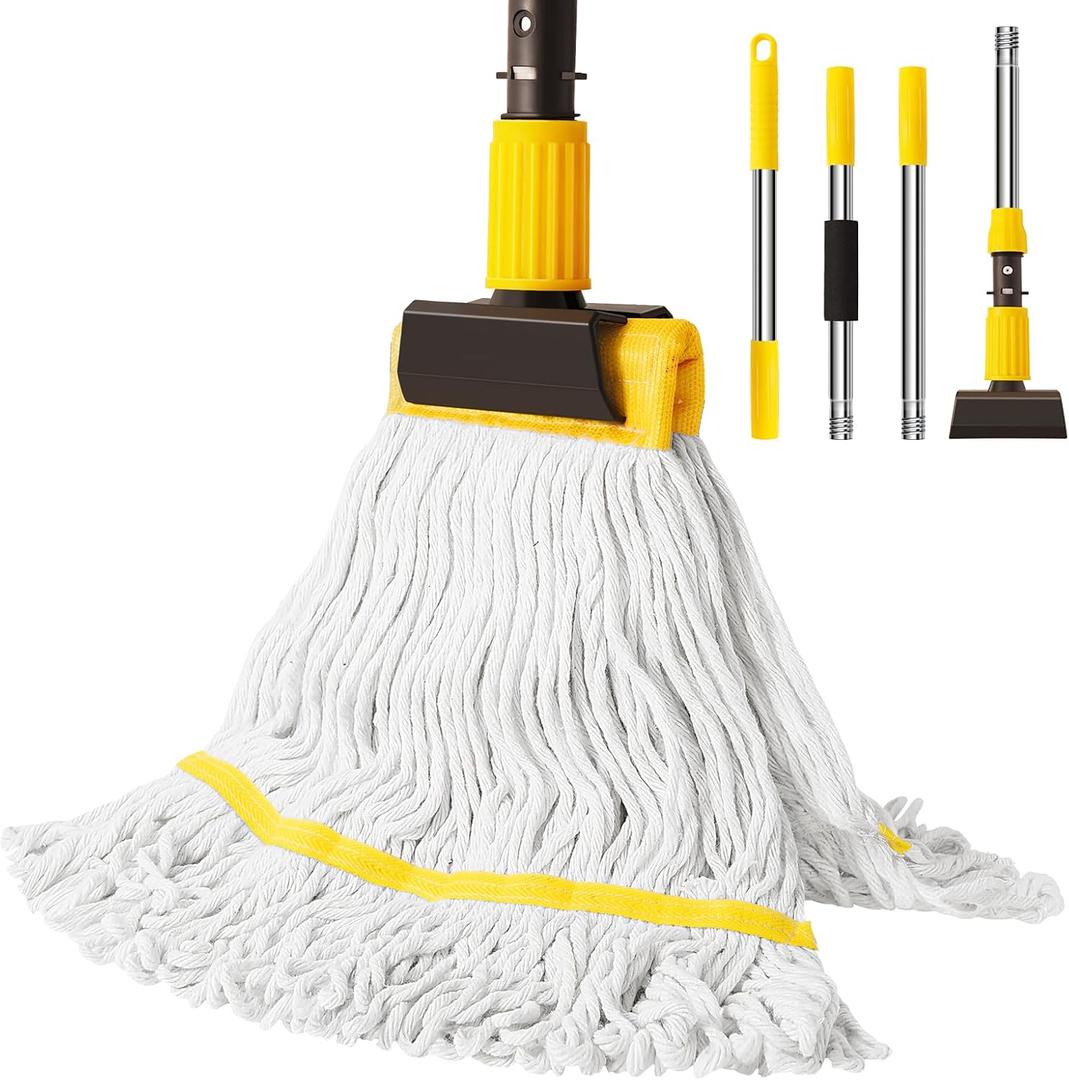 Professional Commercial Mop Industrial Heavy Duty Mop with 54" Long Handle ,Wet Mop for Home,Workshop,Garage Floors Cleaning,with 53'' Stainless Steel Mop Handle,Yellow