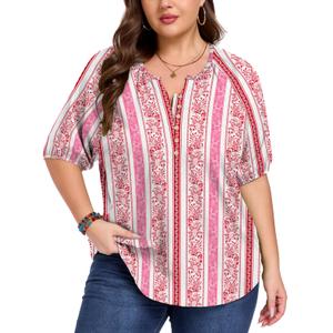 ForHailey Plus Size Blouses for Curvy Women Tops Summer Tunic Shirts V Neck Short Sleeve Tee Button Flowy Tshirts Red Floral 4X-Large (Red)