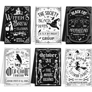 Ganeen 6 Pcs Halloween Kitchen Towels The Undead Gothic Art Dishtowels Set Halloween Skull Tea Skull Gifts Tarot Hand Towels for Cooking Baking Home Kitchen (Traditional)