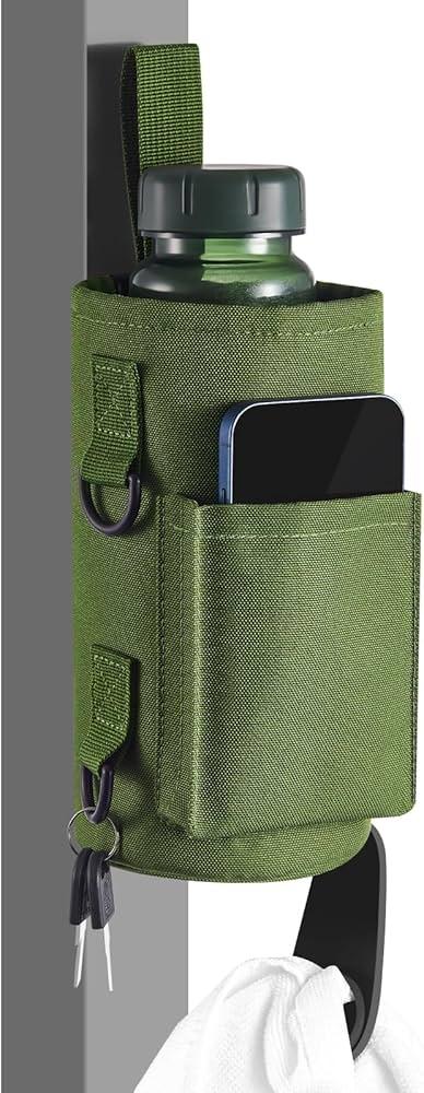 Domensi Magnetic Gym Bag Water Bottle Holder for Men Women 40 64 oz Carrier Bag Pouch Sleeve with Phone Pocket Silicone Towel Buckle Sling for Gym Organizer, Gift Fitness Lover(Army Green,Normal)