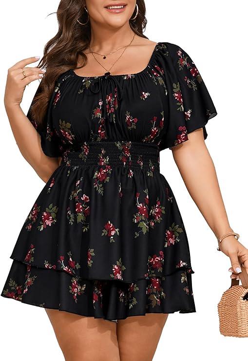 SCOMCHIC Women Plus Size Romper Dress Summer Short Jumpsuit Square Neck Puff Sleeve High Waist Ruffle Boho Jumpsuits (3XL)